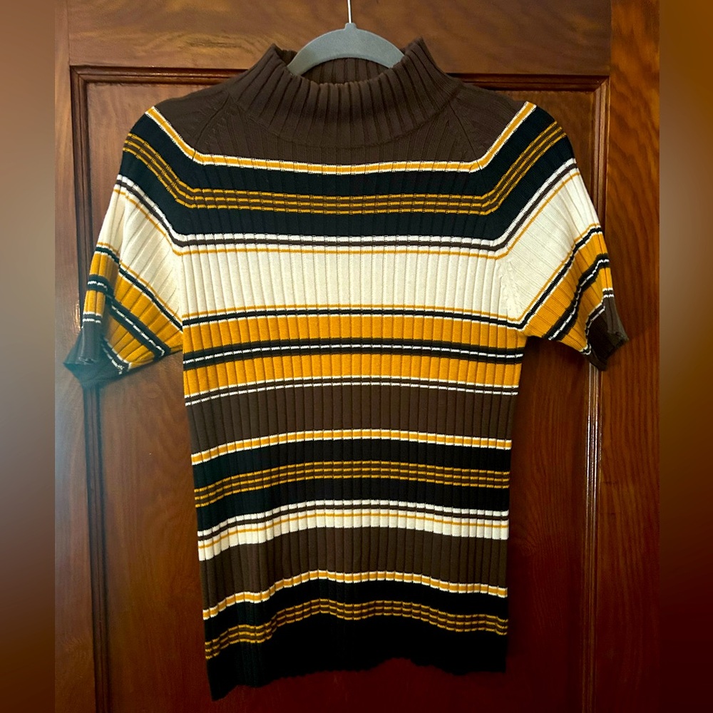 90's Vintage Epogee Striped Knit Mock Turtleneck Short Sleeve Top Brown Small